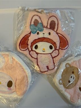 Sanrio My Melody Pink Bunny Plush Face Towel with Blue Bow Accent 3 piece set